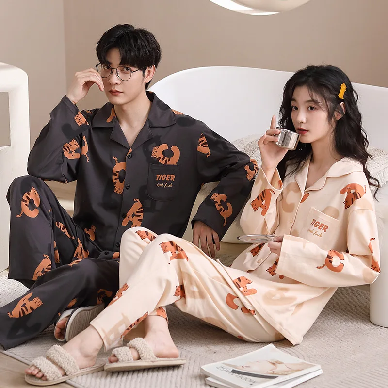 Korean Cotton Couples Sleepwear Autumn Women's Nightwear Men Long Homewear Cardigan Pyjamas Set High Quality Loungewear homme