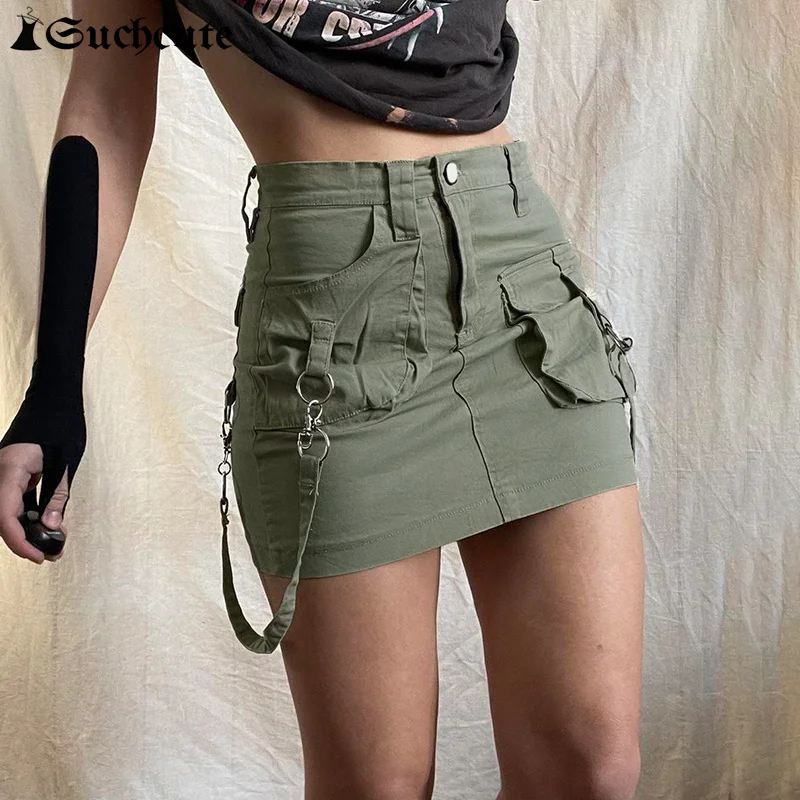 

SUCHCUTE Green Vintage Chain Straps Denim Mini Skirt Women High Waist Pockets Slim Y2K Streetwear Summer Cargo Jeans Skirt New