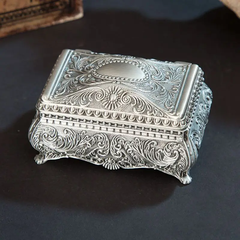 

Antique Metal Jewellery Organiser with Metallic Floral Engraved Jewelry Box Decorative Jewellery Chest Storage for Case