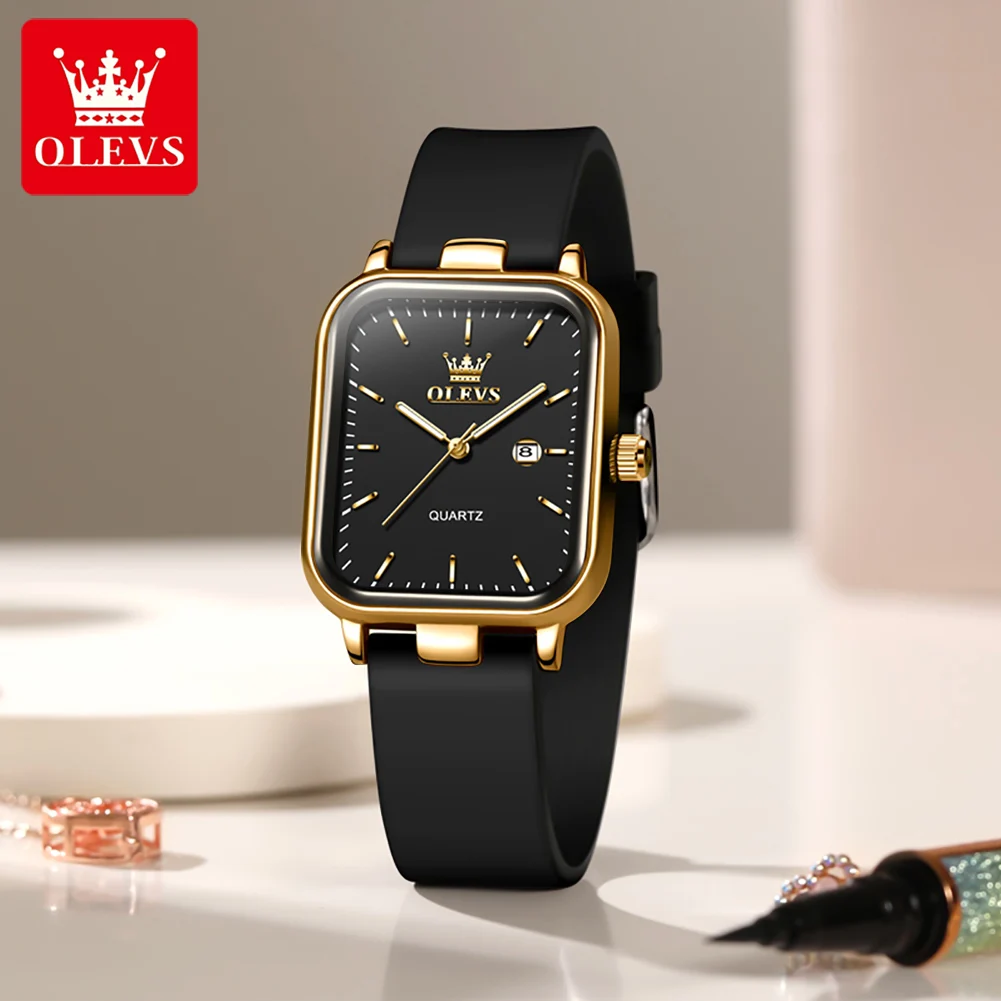 OLEVS 7089 Women's Quartz Watch Fashion Silicone Strap Square Watches For Woman  30M Waterproof Original Ladies Dress Wristwatch