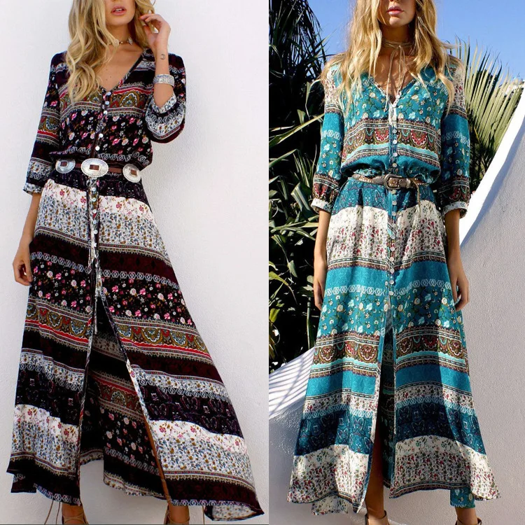 

Fashion Print Boho Maxi Beach Dress Women 2023 Summer Loose Casual Buttons Bohemian Long Dresses For Women