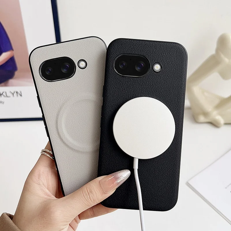 Premium Plain Leather Phone Case with Built-in MagSafe Magnetic Ring and Camera Protection