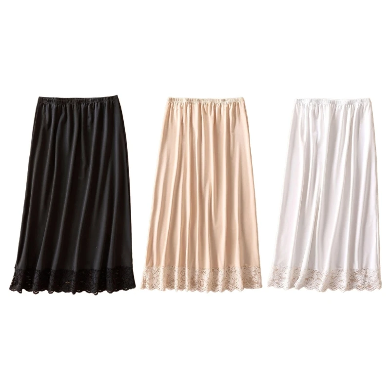 

Elastic Waist Lace Trim Half Slips for Women Under Dresses Invisible Underskirt Basic Solid Color Petticoat A Line Skirt
