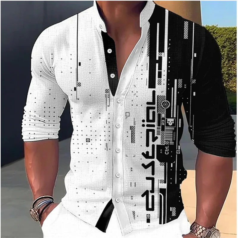 Mens Long Sleeve Tee Shirts,Mens Vintage Geometric Patchwork Print Button  Up Lapel Beach Shirts Regular Fit T-Shirt