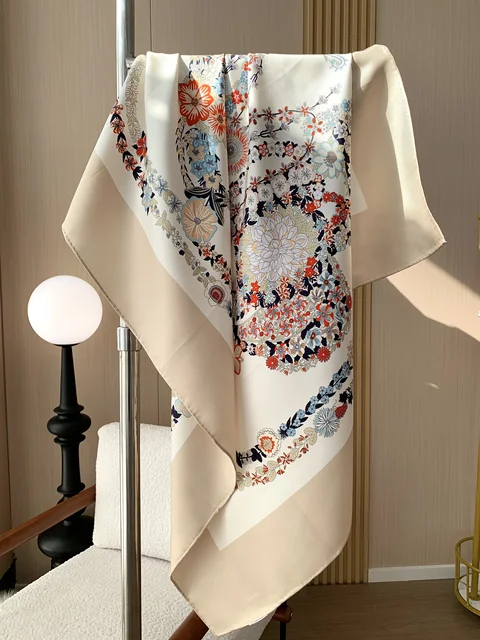 New 100% Mulberry Silk Twill Scarf for Women 18mm Handmade Edged - Floral Style Sunscreen Headscarf Wrap 6