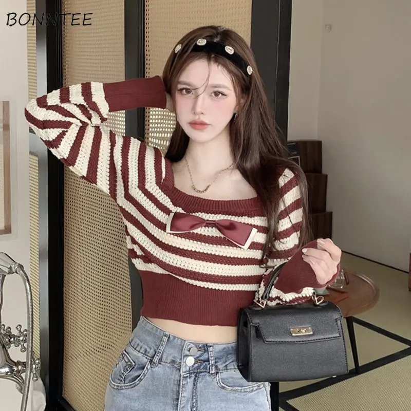 

Женские милые пуловеры с бантом Kawaii Ulzzang стильные ретро полосатые темпераментные подходящие ко всему тонкие свитера Женский подростковый