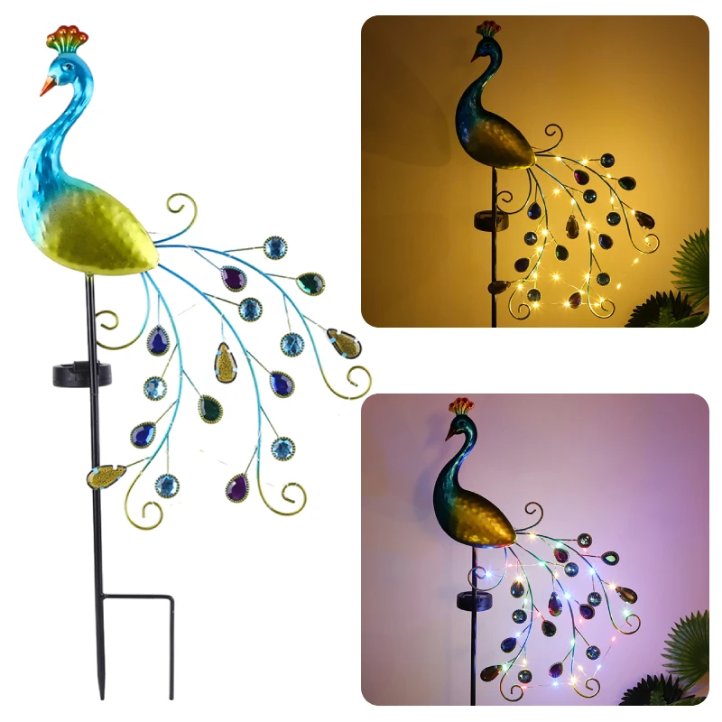 MetalPeacockOutdoorDecorStakeLightWaterproofLEDSolarLawnLamp