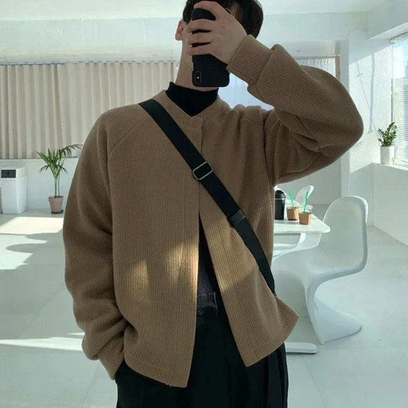 

Knit Sweater Male Korean Fashion Round Collar Men's Clothing Coat Cardigan Crewneck Plain Solid Color Jacket Black Casual Street