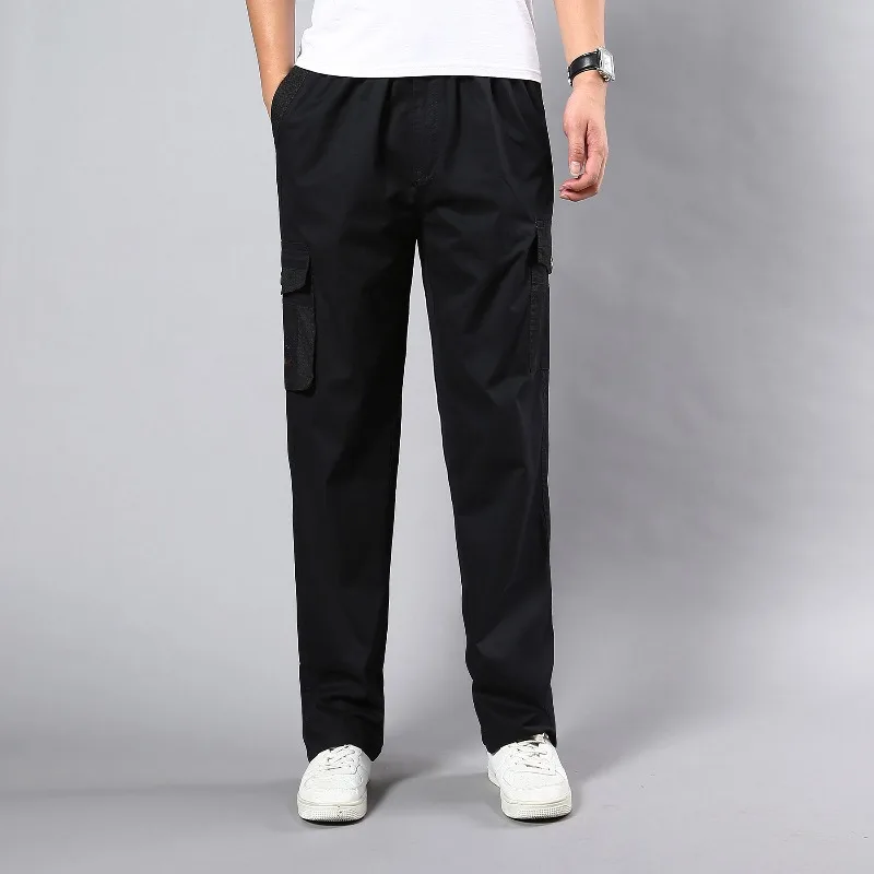 Spring Autumn Men's High Waisted Solid Pockets Zipper Elastic Splicing Embroidery Casual Sportswear Straight Leg Trousers Pants