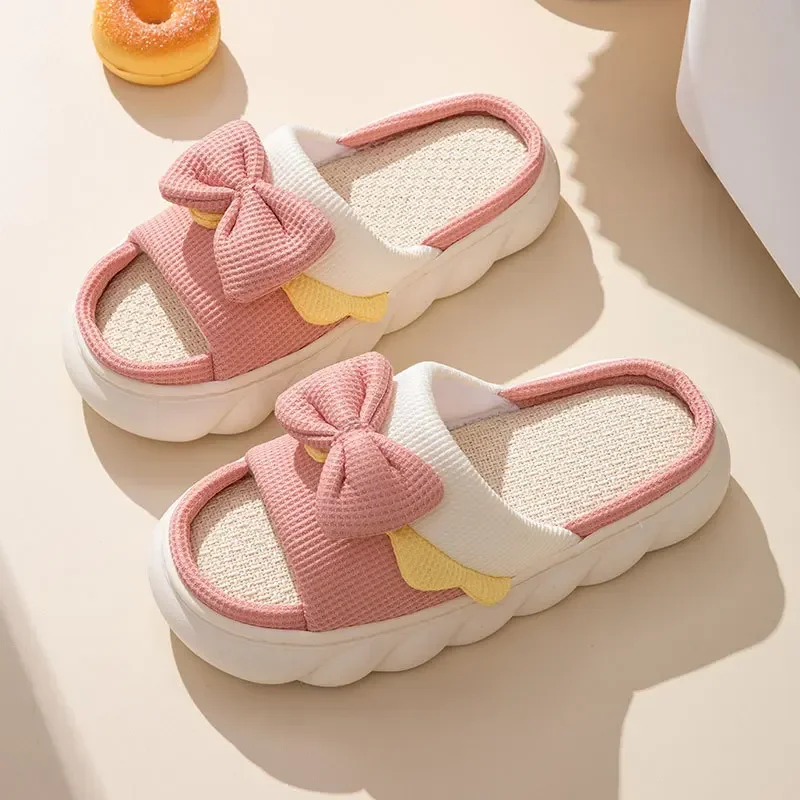 Women Slippers Summer Four Seasons Indoor Home Sandals and Slippers Cute Cartoon Thick bottom linen House Slippers Shoes