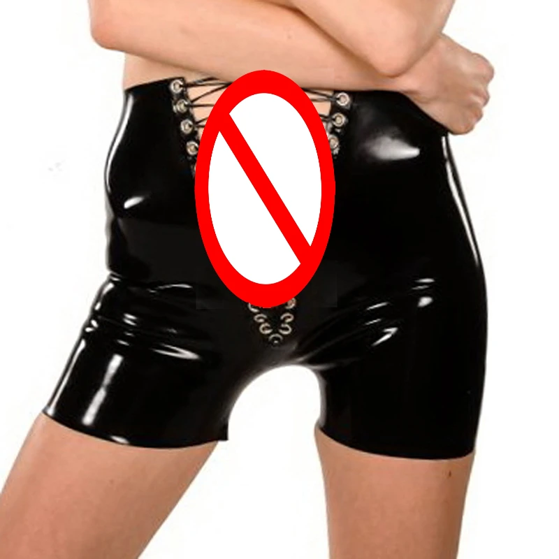 

Black Latex Boxer Shorts Lacing At Front Rubber Panties Underwear Briefs Bottoms Plus Size S-XXL