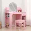 Kids Vanity Table and Chair Set Girls Dressing Table with Storage Shelves & Drawer Wooden Makeup Desk for Playroom Bedroom