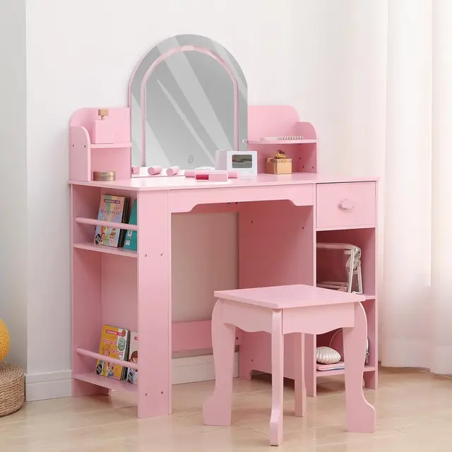 Kids Vanity Table and Chair Set Girls Dressing Table with Storage Shelves & Drawer Wooden Makeup Desk for Playroom Bedroom