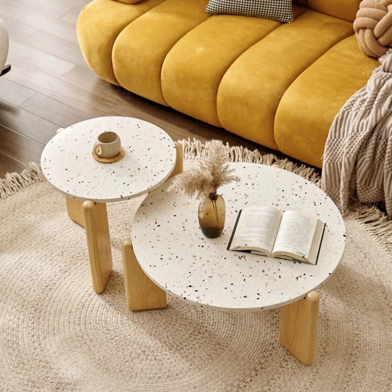 

XK Marble Coffee Table Solid Wood Minimalist French Cream Style Log Designer round Tea Table