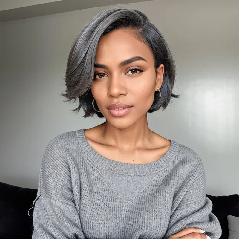 Melodie Salt And Pepper Short Pixie C Part Cut 5X5 Closure Brazilian Remy Hair Wig Human Hair