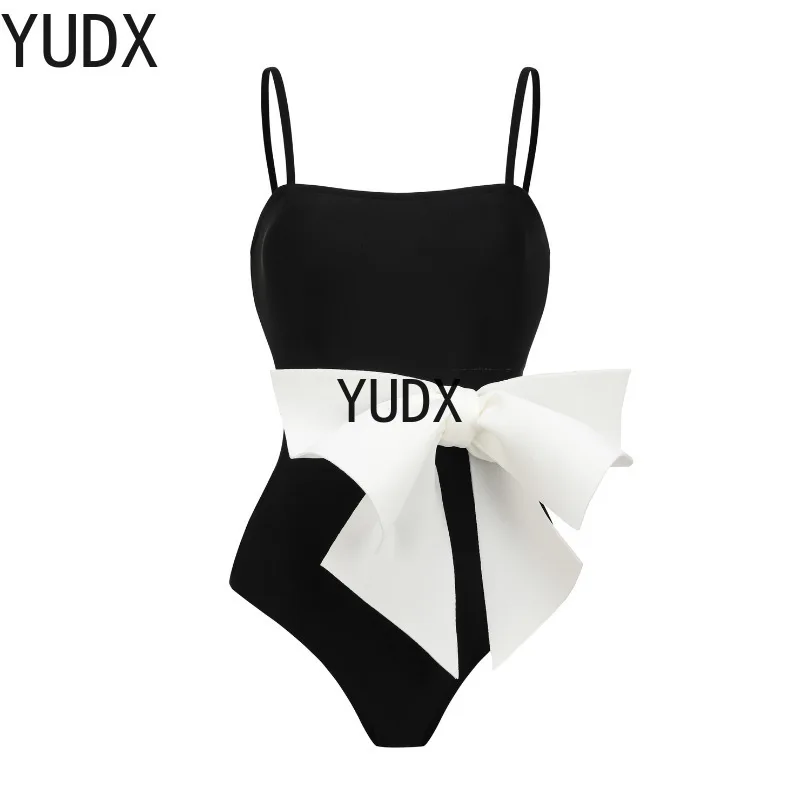

2024 New One-piece Swimsuit Bow Decoration Sweet Sister Black and White Contrast Swimsuit Female Vacation Swimsuit