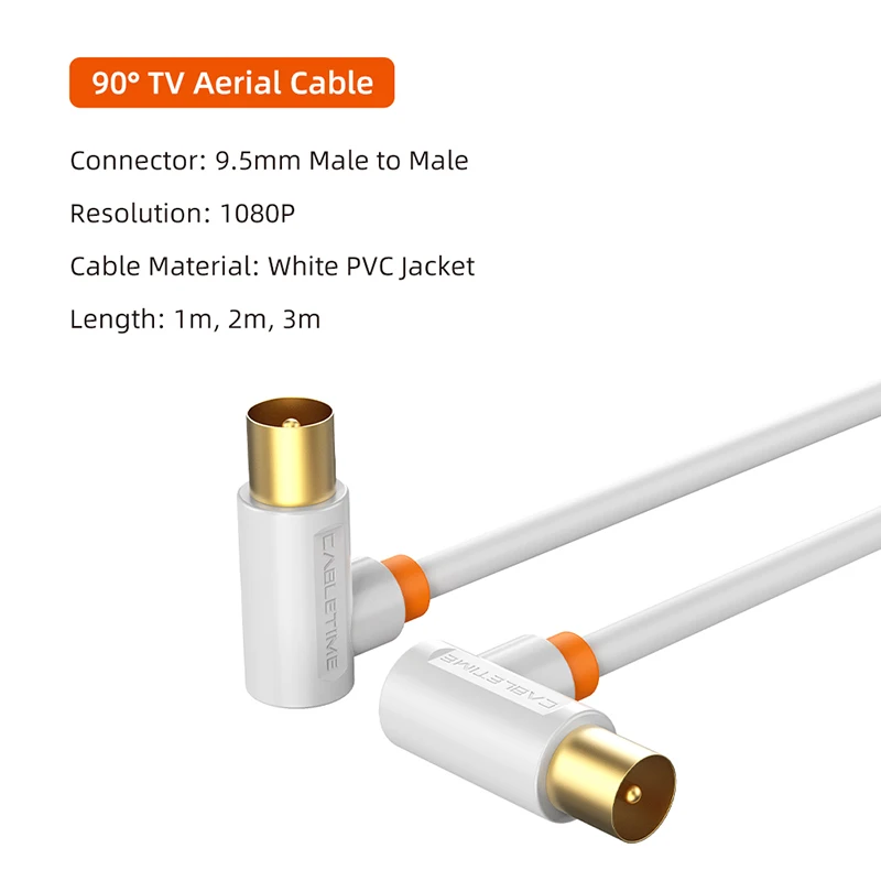 Cabletime 90 graus cabo aéreo de tv 1080p m/m 3c2v cabo de vídeo de alta definição televisão hd antena tv stb cabo digital