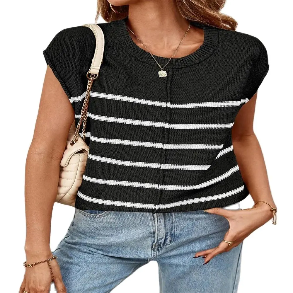 

Spring/Autumn Fashion Euro-American Style Knitwear Waistcoat Tank Top Women O-Neck Striped Sleeveless Kniting Vest