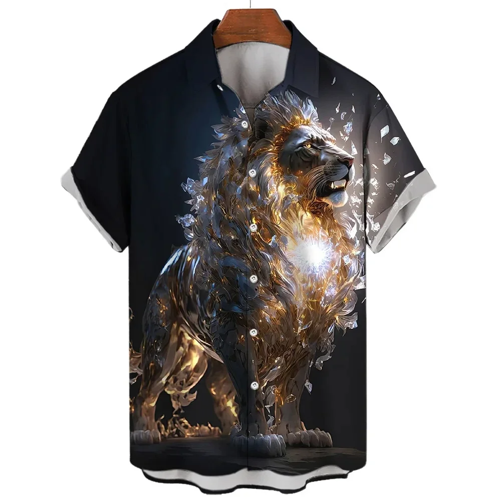 

Men's Short Sleeve Shirt Handsome Lion Print Lapel Button Unisex Clothing Casual Large Size Comfortable Men's Shirt 2024 New Sty