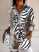 Women's Cute Animal Print Button Down Shirt, Leopard & Zebra Mix, Oversized Long Sleeve Collared Top, Super Comfy for Daily Casu