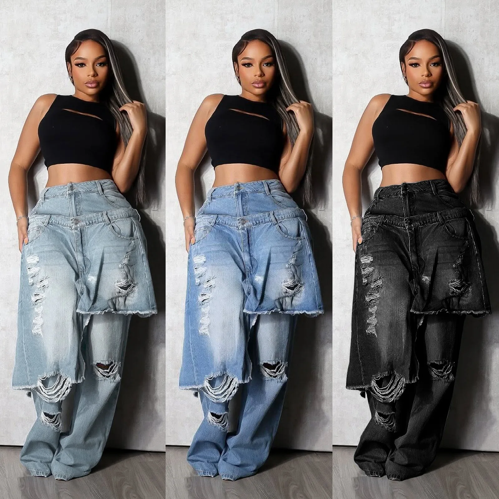 Streetwear Ripped Jeans Cargo Pants Sexy Women High Waist Elegant Patchwork Denim Straight Trousers