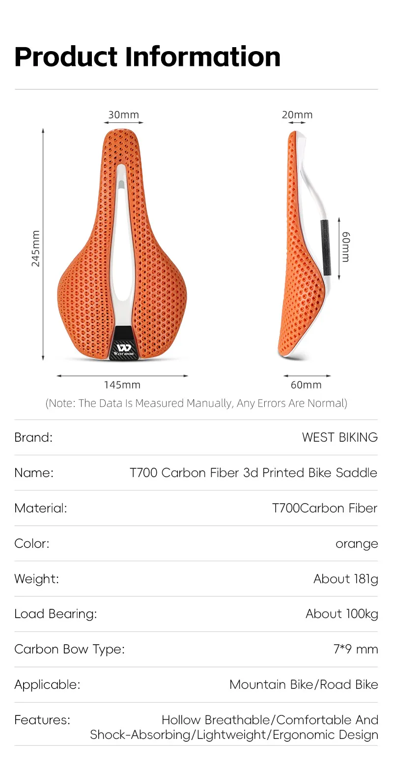 Description Picture 4 of itemWEST BIKING Carbon 3D Printed Bike Saddle 145mm Short Nose Racing Bicycle Seat Ultralight Comfortable Road MTB Cycling Saddle