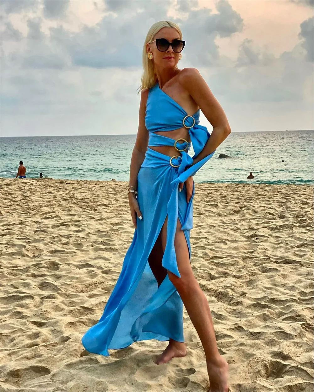 

Sexy Beach Blue One Shoulder Long Dress for Women Summer Diagonal Collar Bandage Irregular High Slit Vacation Dresses