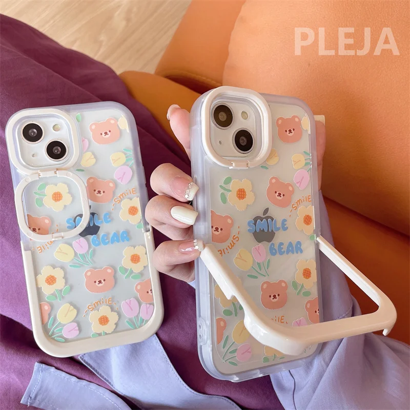 11 cases Cute Camera Lens Flip Holder Phone Case For iphone 13 12 11 Pro Max X XR XS Max Cover Cartoon Bear Flower Soft Protective Cases iphone 11 case with card holder