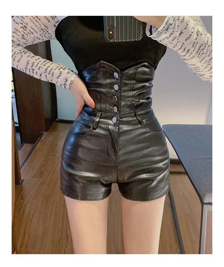 Trendy Women's PU Leather Shorts High Waist Button Ladies Slim Pockets Female Spring Black Sexy Stylish Shorts Trousers Woman