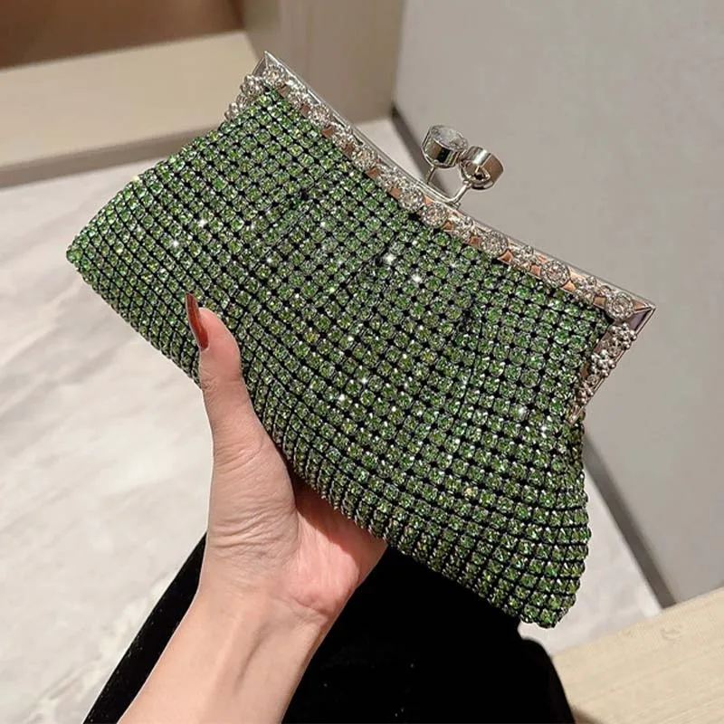 

Green Sparkly Rhinestone Purses for Women Formal Evening Wedding Party Bridal Handbag Twin Top Clasp Closure Clutch Shoulder Bag