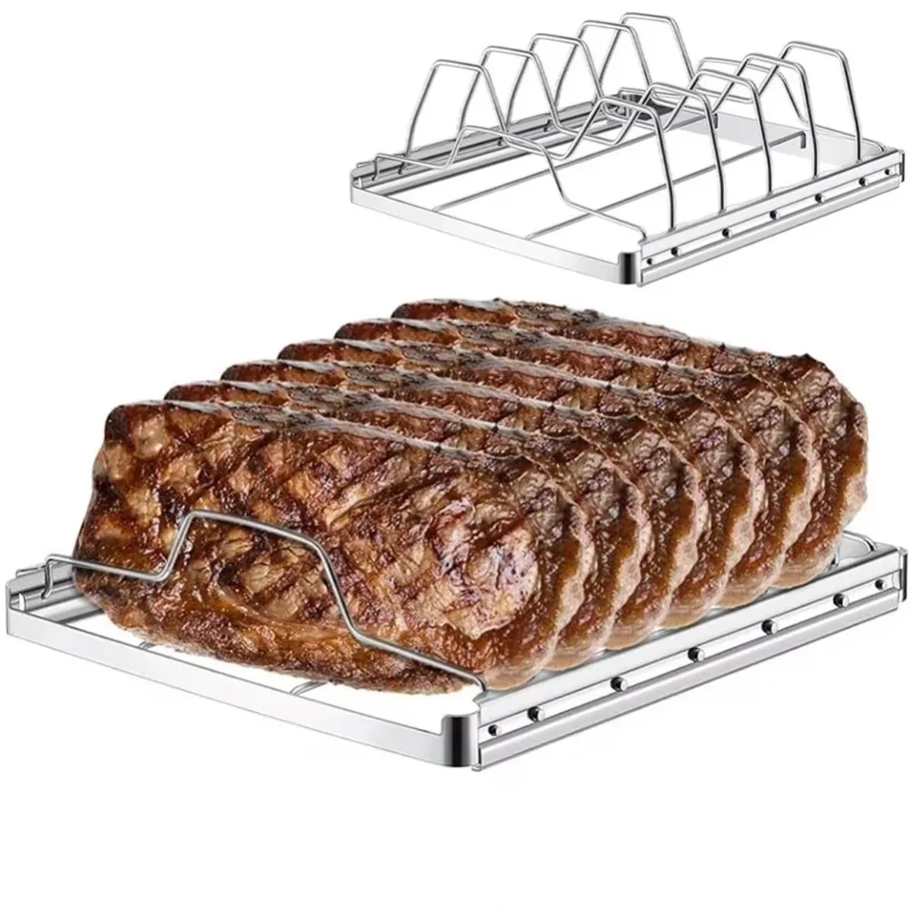 High Quality Stainless Steel Rib Rack Portable Silver Turkey Roasting Rack Folding Barbecue Grill BBQ
