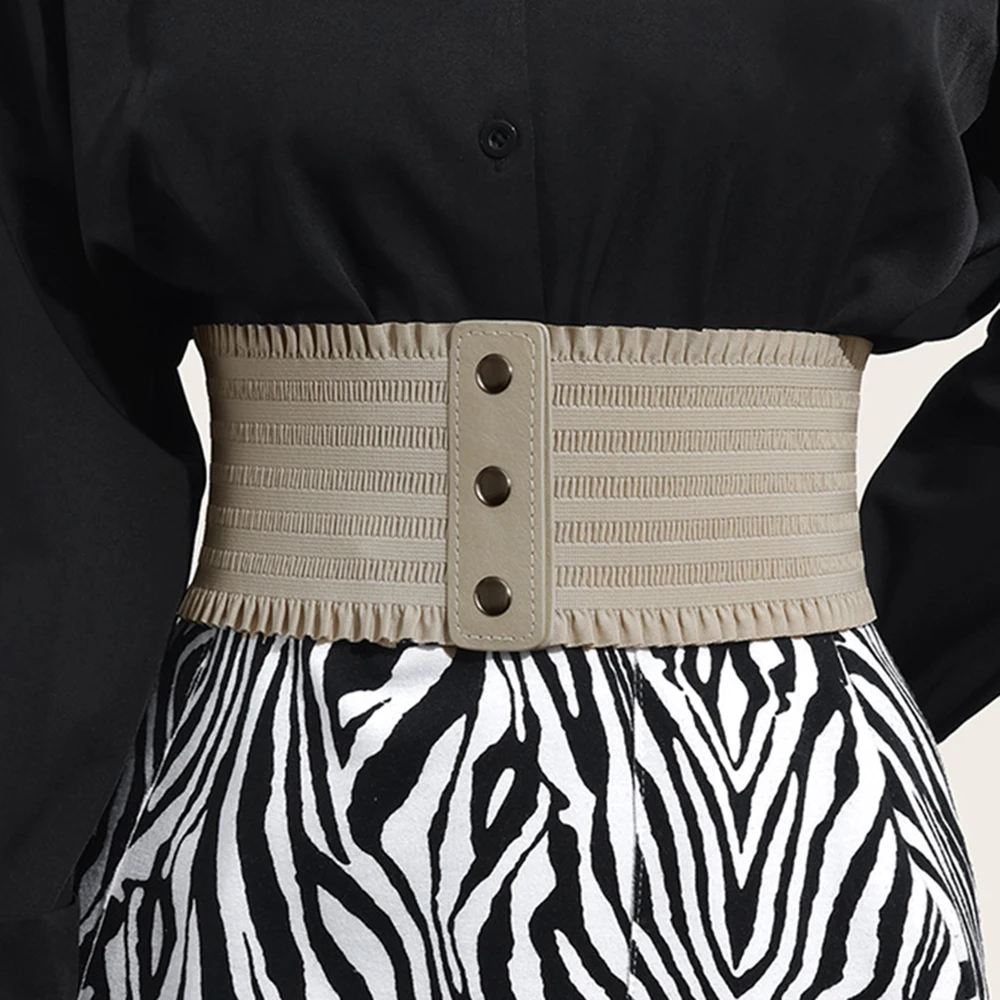 Vintage Pleated Women's Stretch Cummerbunds Snap-Button Wide Corset Belt Slim Elastic Waist Belt Ladies Dress Overcoat Waistband