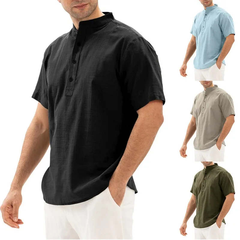 Summer New Men Shirt Solid Color Stand Collar Buttons Loose Tops Youth Casual Short Sleeve Pullover Shirts Comfortable Thin Tees
