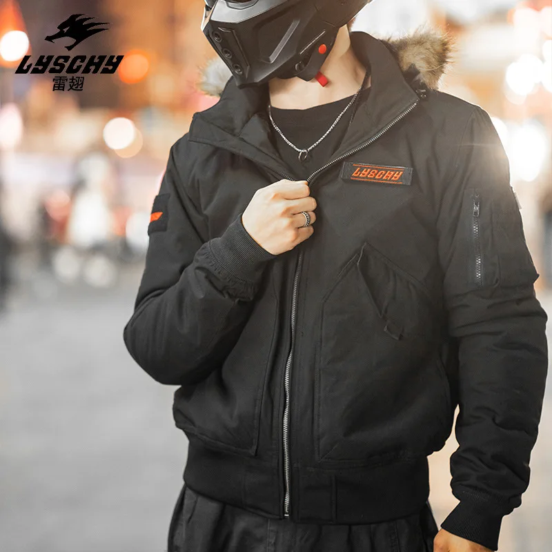 새로운 남성용 블랙 겨울 항공 점퍼 오토바이 라이딩 코트 탈부착 가능한 후드 방풍 따뜻한 오토바이 재킷 남성용