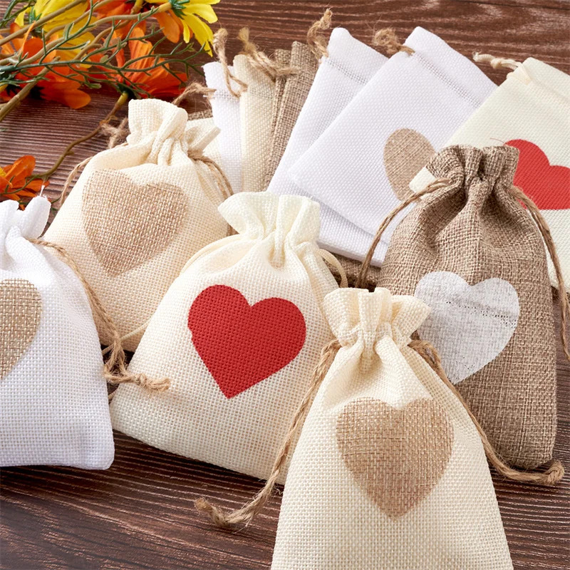 

100 Pcs Love Linen Jute Drawstring Gift Bags 10 x 14 13 x 18 CM Gift Drawstring Packs For Jewelry Travel Storage Pouch