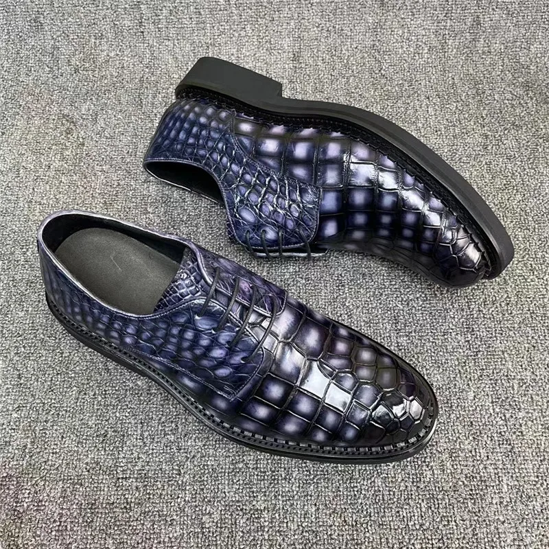 

Authentic Real Crocodile Skin Hand Painted Gradient Gray Men's Derby Shoes Genuine Exotic Alligator Leather Male Lace-up Oxfords