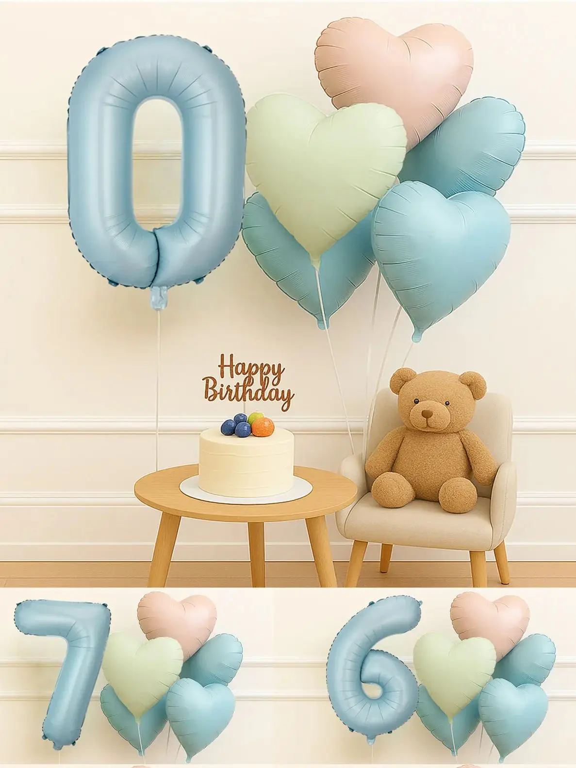 6-teiliges 32-Zoll-Set mit hellblauer Zahlen und mehrfarbigen Herz-Folienballons für Geburtstag, Weihnachten, Party, Dekoration, wiederverwendbarer Fotokabinen-Hintergrund – Detail 2