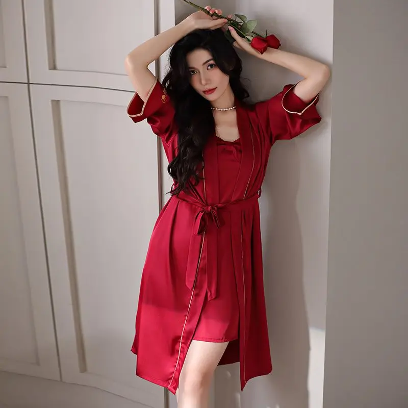 

1 Wedding dressing gown female the bride ice silk condole belt nightgown robe red silk pajamas age season two-piece outfit