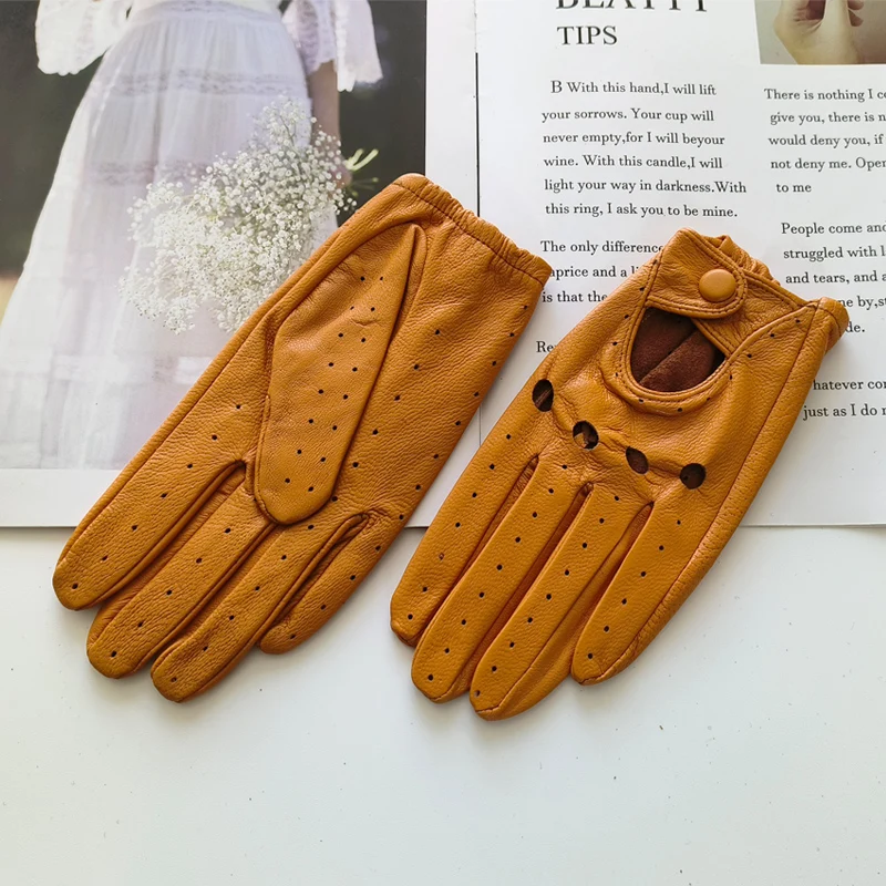 Damen-Fahrerhandschuhe aus Schaffell. Dünne, atmungsaktive, ungefütterte, farbige Lederhandschuhe. Sommer – Detail 14