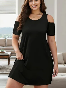 Robe monochrome à col rond pour femmes, vêtements décontractés, grande taille, mode printemps et été, document désactivé 1 Robe monochrome à col rond pour femmes, vêtements décontractés, grande taille, mode printemps et été, document désactivé 1