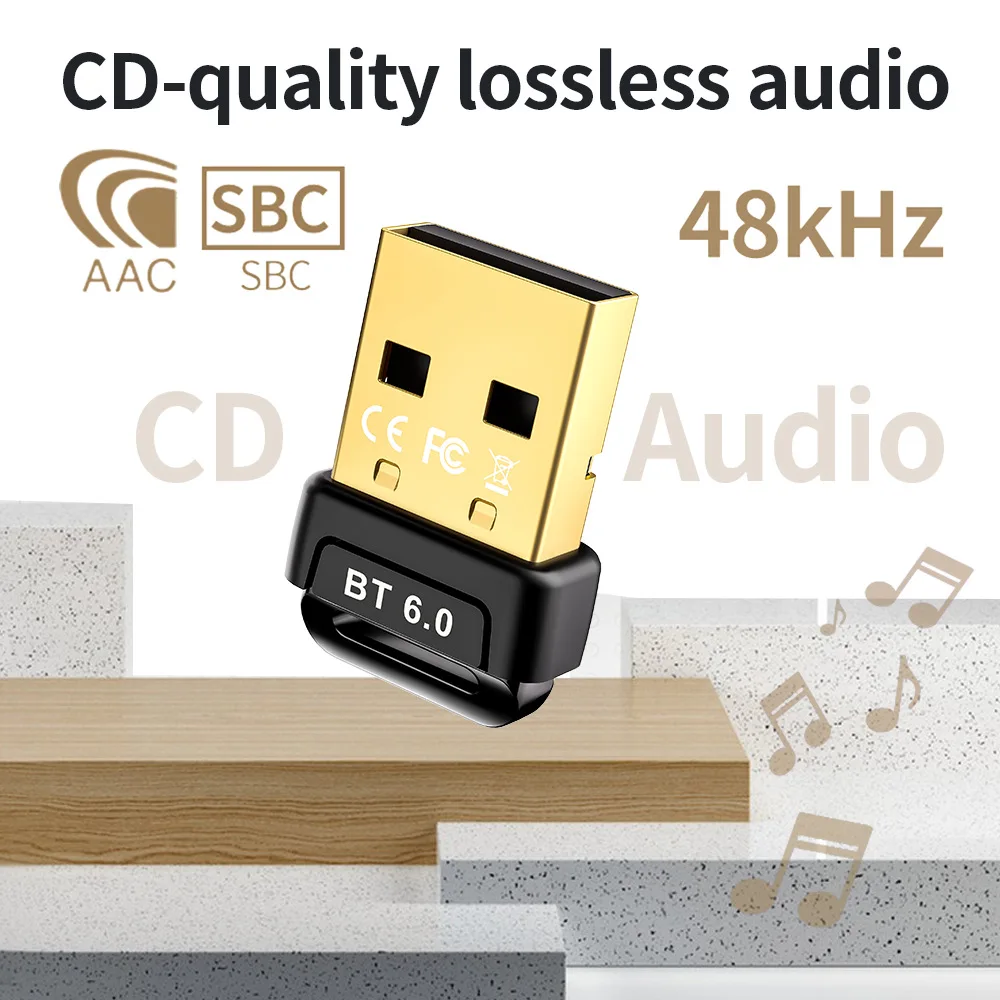 Bluetooth 6.0 Adapter USB Wireless Music Bluetooth Receiver Transmitter For PC/Laptop Driver Free Plug and Play For Win8.1/10/11