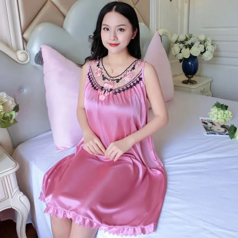 Women's Nightgowns Silk Satin Sleepwear Sleeveless Strap Nightdress Lace Nightwear Ladies Loungewear pajamas pyjamas Homewear