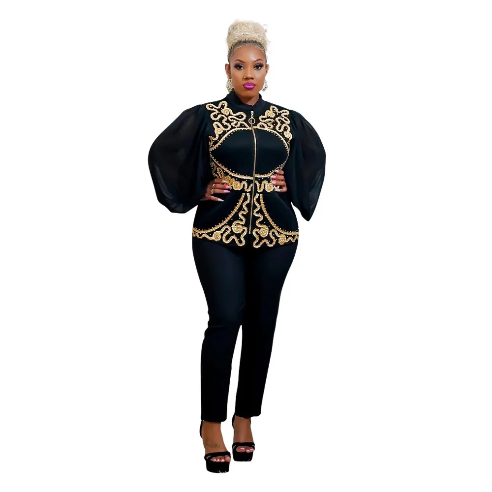 african wear for ladies 2 Piece Set Africa Clothes African Dashiki New Fashion Puff Sleeve Top And Pants Trousers Suit Plus Size Party Clothing for Lady Africa Clothing