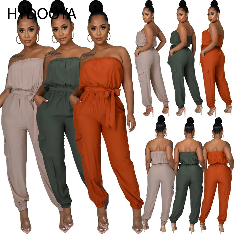 Summer Sexy Off Shoulder Strapless Jumpsuit Women Solid High Waist Sashes One Piece Overalls Fashion Ladies Side Pocket Outfits