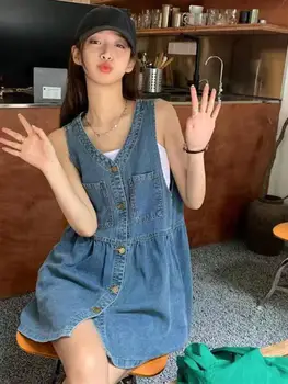 فستان بحزام بدون أكمام المرأة الصيف جيوب واحدة الصدر فساتين من قماش الدنيم امرأة الكورية نمط فضفاض ألف خط فستان قصير 2025 3