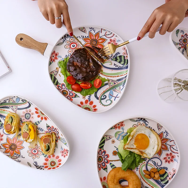 Oval dinner plate high temperature matte glaze acacia wood handle ceramic plate steak Western food pasta