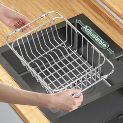 Stainless Steel Dish Drying Rack Adjustable Kitchen Sink Dish Drainer Fruit Vegetable Drain Basket Dishes Draining Storage Rack
