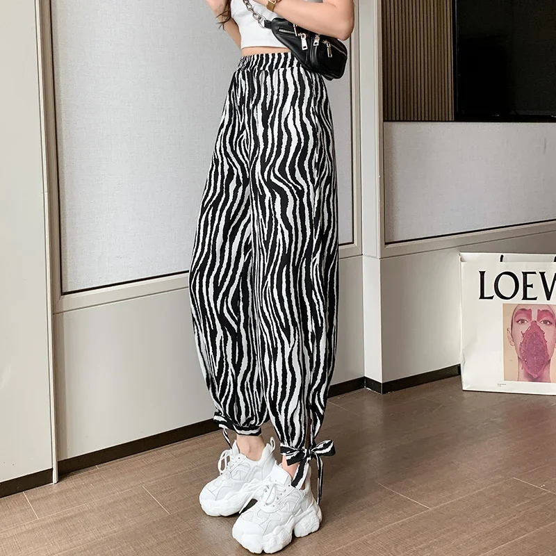 Women Korean Fashion Print Ankle Banded Pants 2024 Casual Loose Bloomers Chiffon Pant Female Comfortable Summer Trousers Sweet