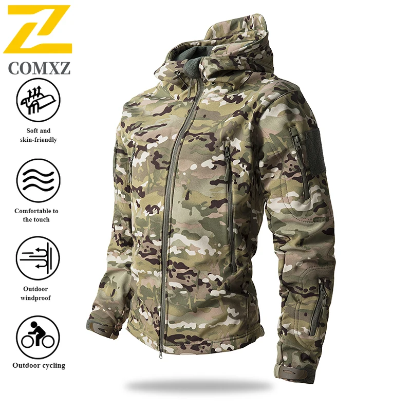 Men's Shark Skin Softshell Jacket Camo Fleece Lined Windproof Water-Resistant Solid Color Thermal Outdoor Coat for Autumn Winter