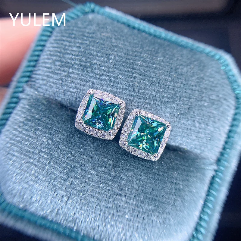 

YULEM Square Cut Green Moissanite Diamond Stud Earring 100% Real 925 Sterling Silver Promise Wedding for Women Party Jewelry